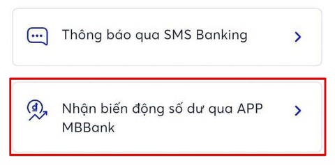 MB Bank notification settings — select Nhận biến động số dư qua APP MBBank